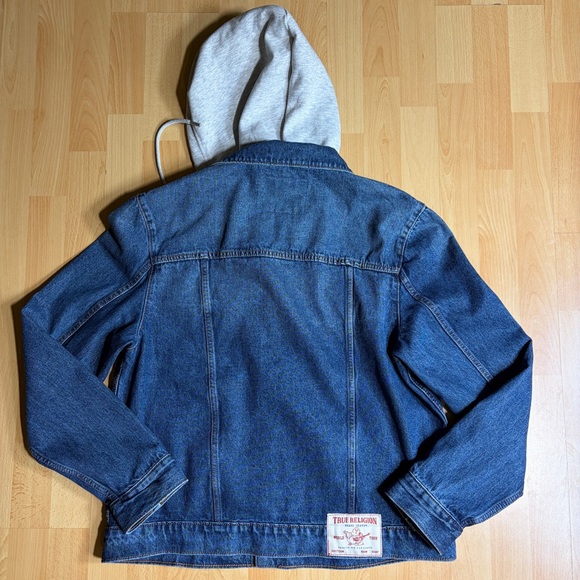 True Religion Men’s Blue Denim Trucker Hoodie Jacket Large - Picture 7 of 11